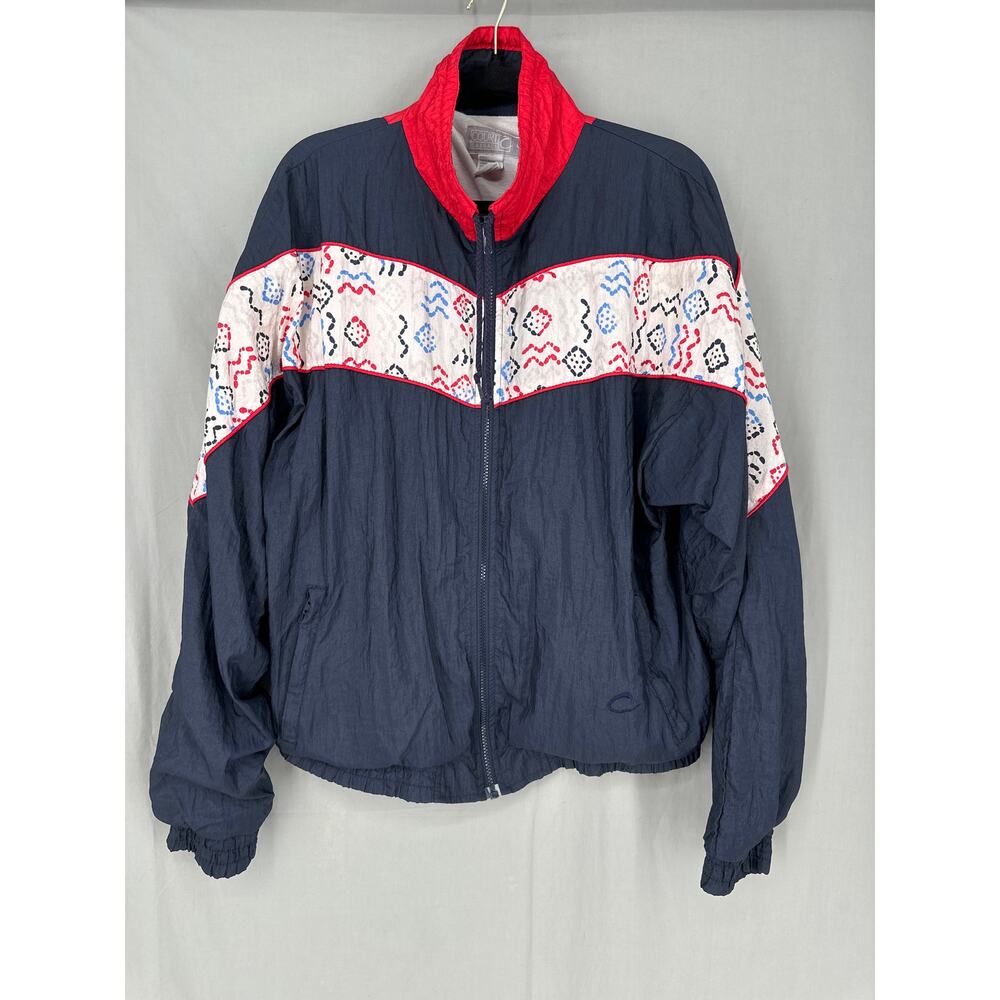 90s Vintage Jacket Womens Large Navy Blue Windbreaker Red Full Zip Retro Funnel - Picture 4 of 6
